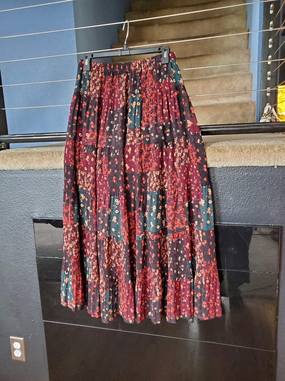 Floral Tiered Maxi Skirt in Burgundy and Dark Green